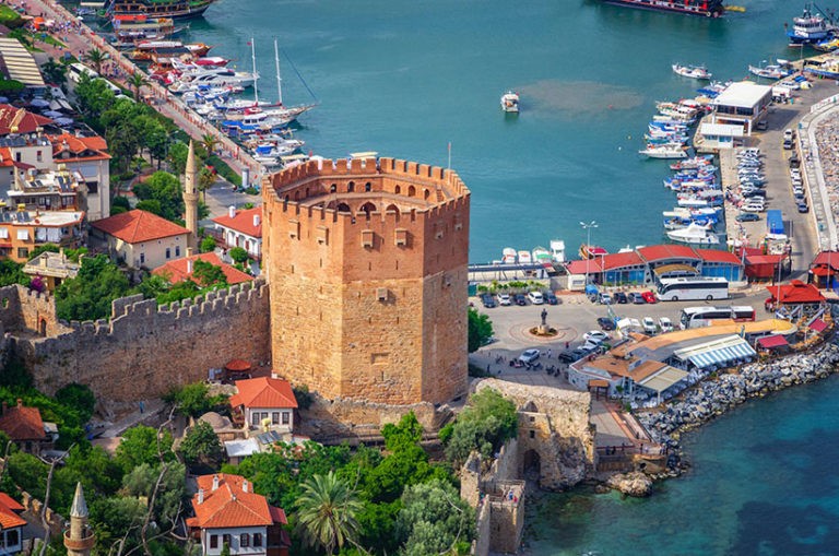 view of Alanya and Kyzil Kule from the Alanya fortress. Turkey