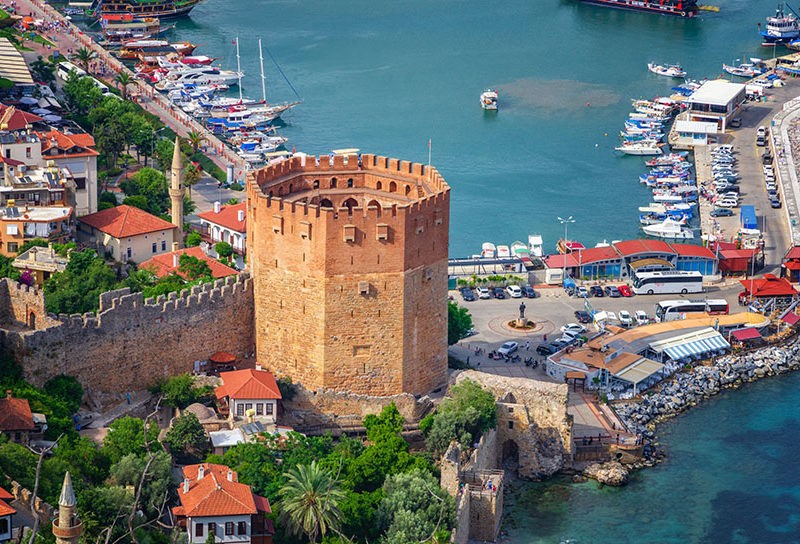 iew of Alanya and Kyzil Kule from the Alanya fortress. Turkey