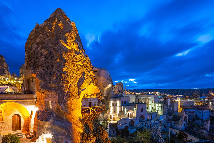 Cappadocia city skyline at night in Goreme, Turkey
