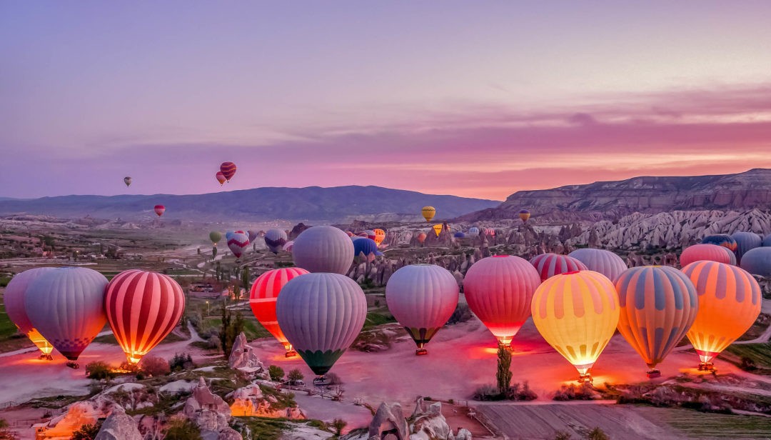Colorful hot air balloons before launch in Goreme national park, Cappadocia,