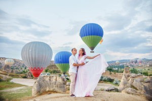 background of Hot air balloons in Cappadocia. Man and a woman