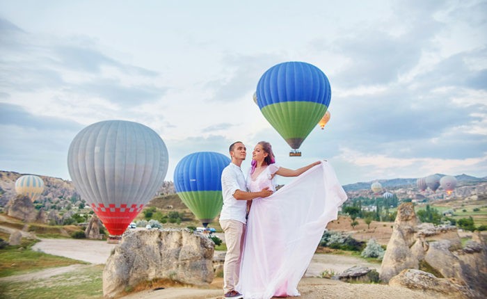 background of Hot air balloons in Cappadocia. Man and a woman