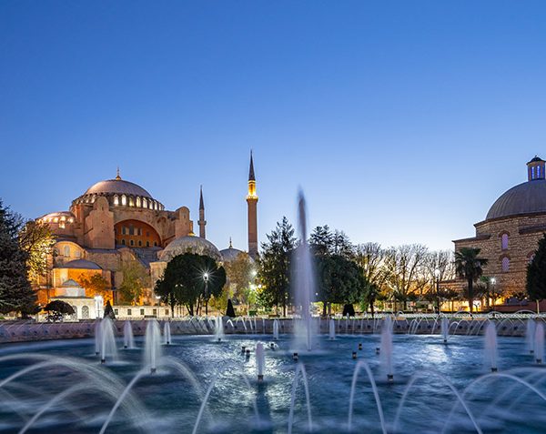 Panorama view of Hagia Sofia at night in Istanbul city