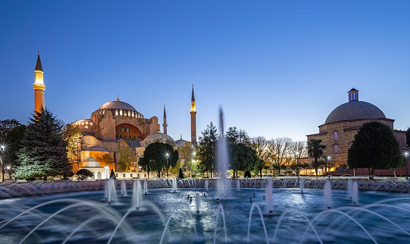 Panorama view of Hagia Sofia at night in Istanbul city